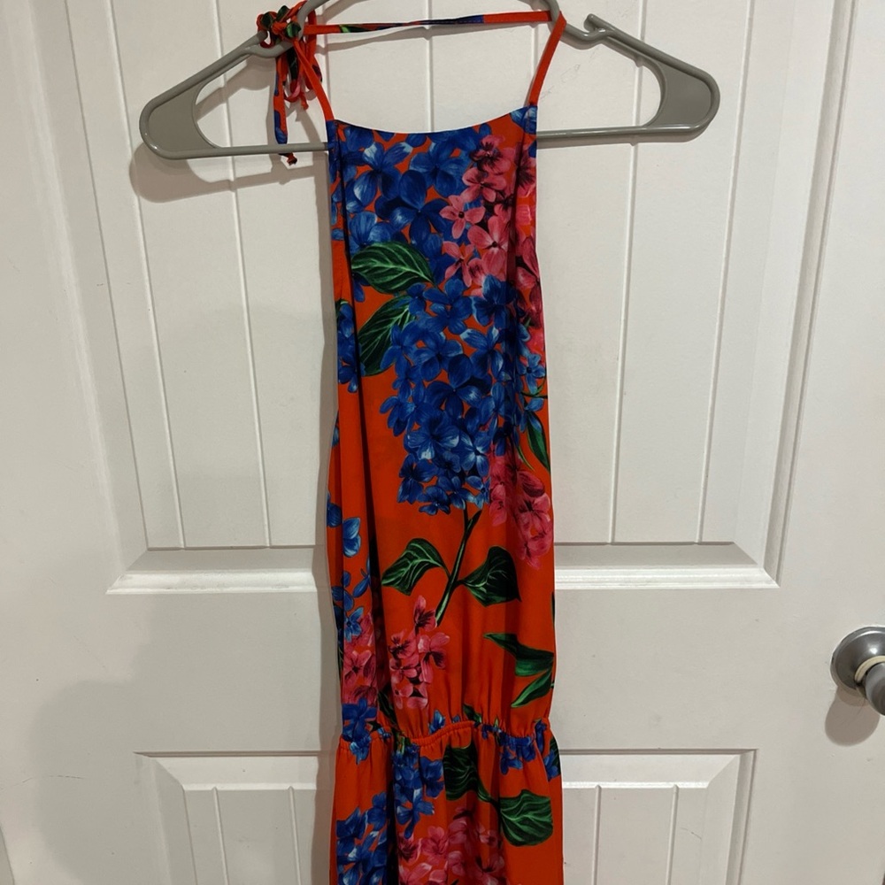 Floral Halter Mini Dress in Orange Red and Blue Size M EUC NWOT